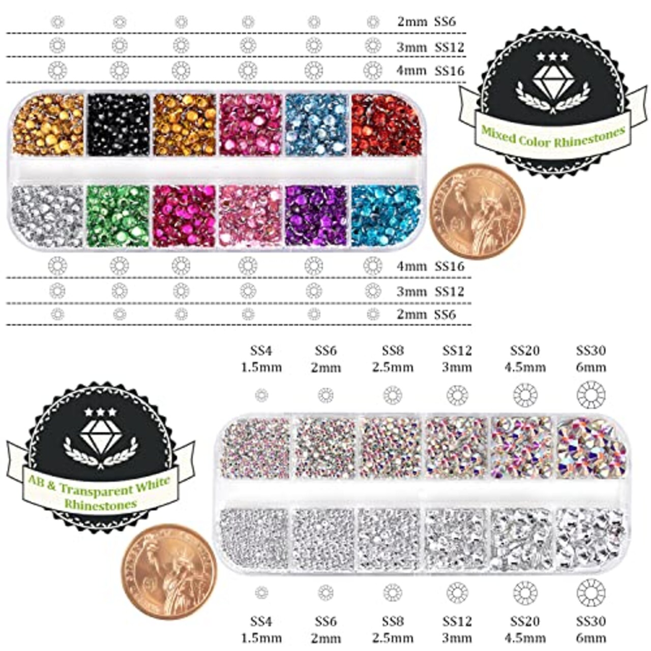 4520 Pieces Two Packs of Flatback Rhinestones Colorful Nail Art Rhinestones Flatback Crystal Colorful+AB+Transparent White Rhinestone with Picker Pencil and Tweezer For Nail Art and Decoration